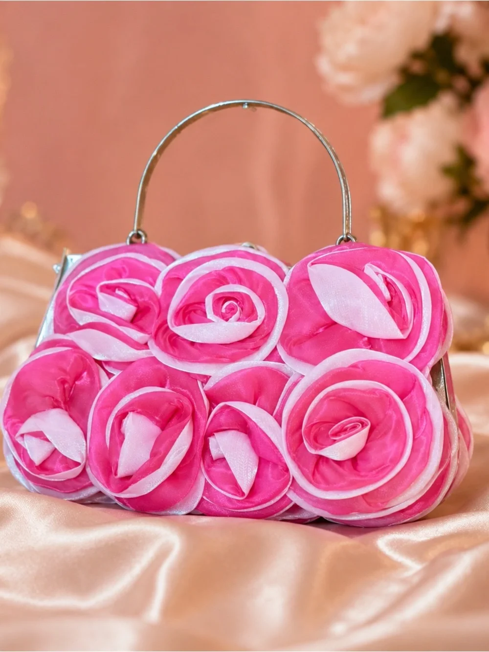 Helen Heart Pink Rosette Formal Evening Bag NWT Silver Handle Chain Strap - Picture 8 of 8